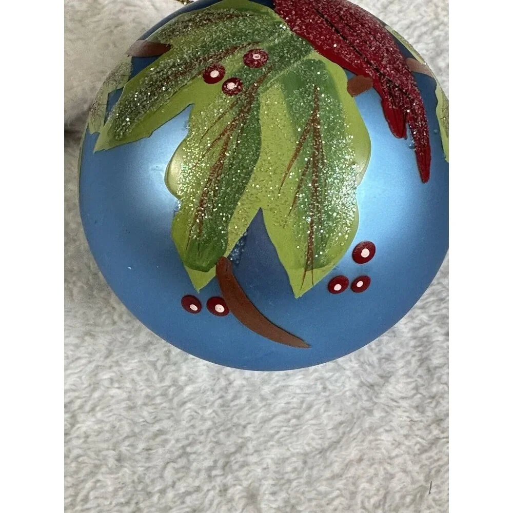 Hand‎ painted Glass Christmas Ornament Red Cardinal Holly Berries Artist Vintage